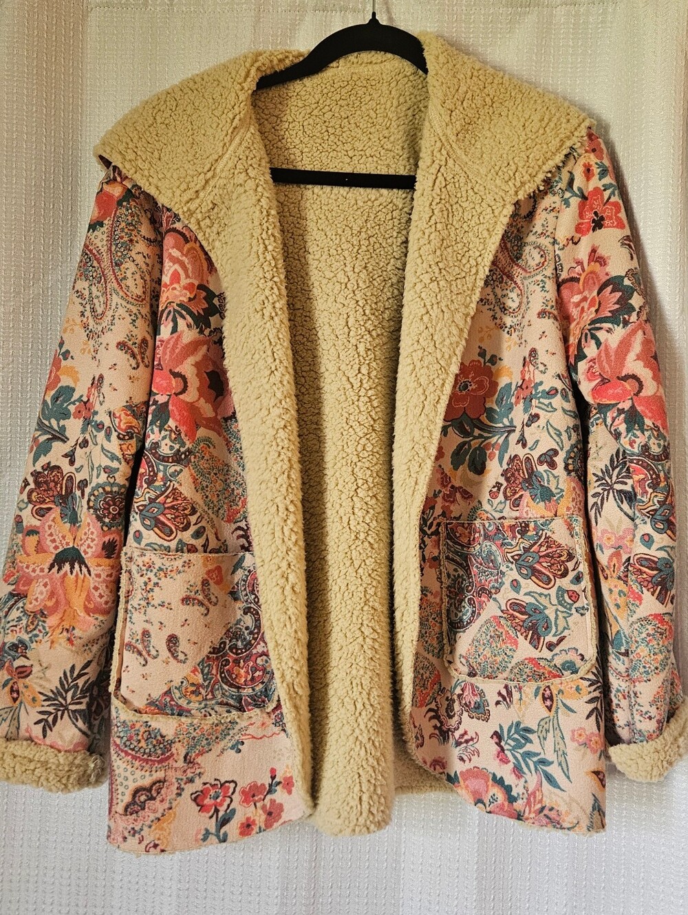 Multicolor Casual Beige Paisley Floral Printed Sherpa Lined Hooded Jacket Size S